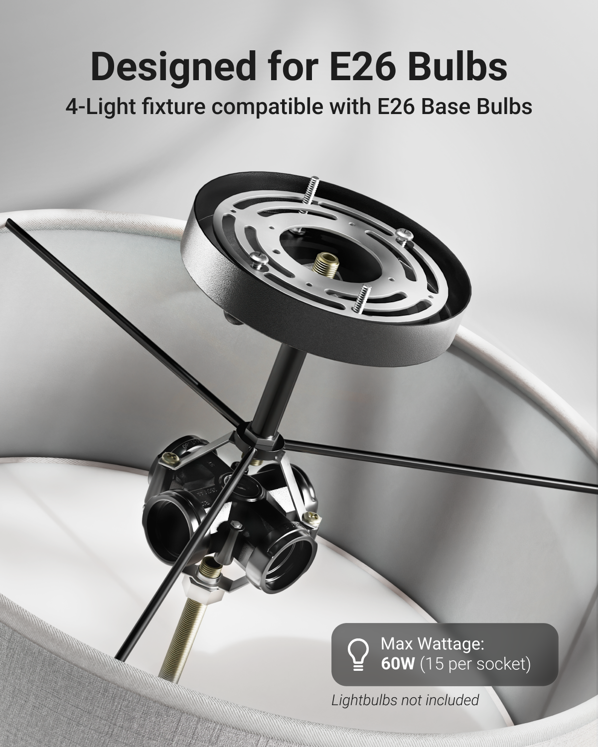 Inside view highlights E26-compatible 4-socket assembly and max 60W rating; bulbs not included