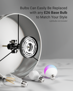 Fixture shown with sample E26 bulbs, noting bulbs can be swapped for different looks; bulbs not included