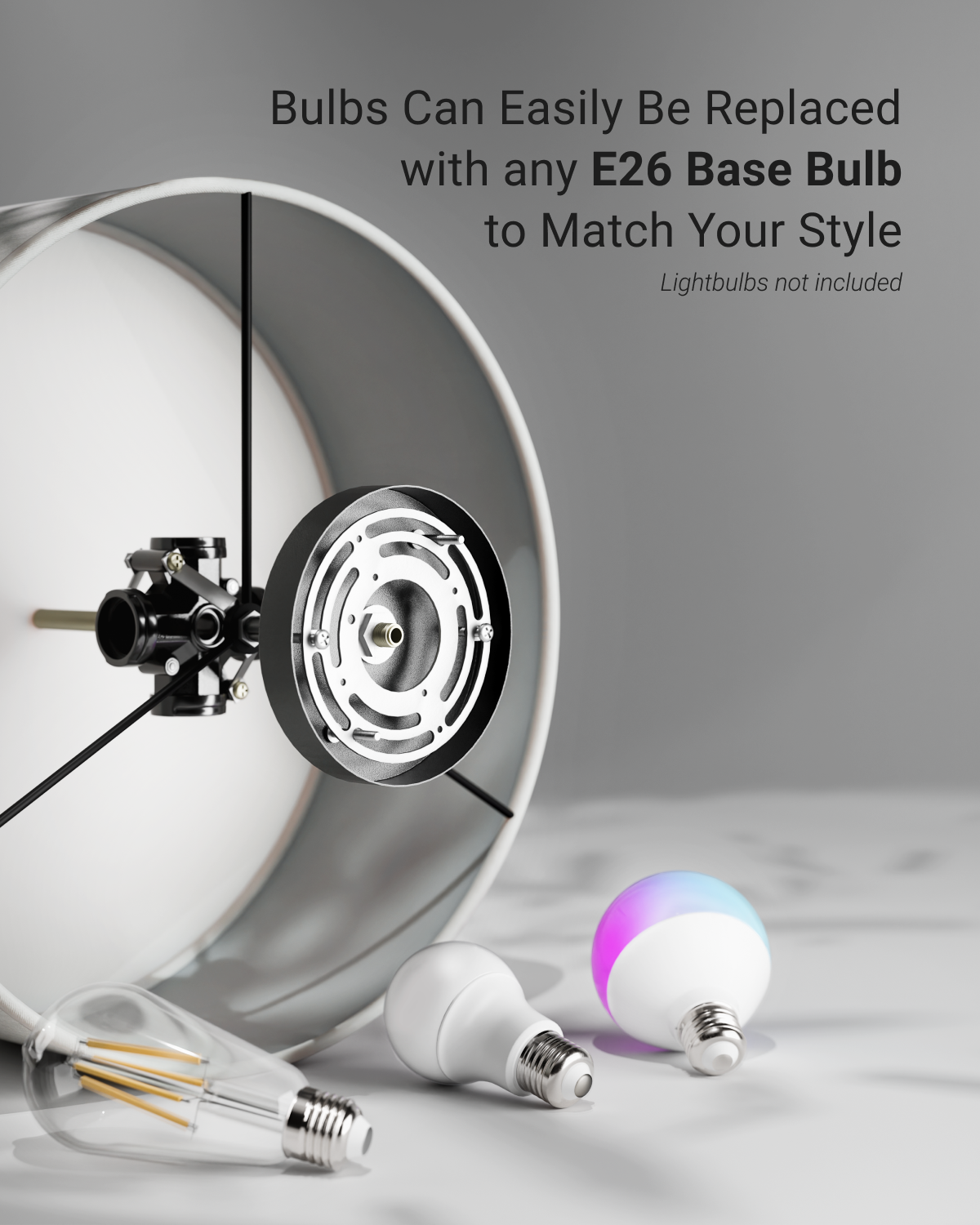 Fixture shown with sample E26 bulbs, noting bulbs can be swapped for different looks; bulbs not included