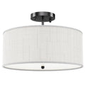 Close up of Linen drum flush mount with matte black base and white diffuser on white background