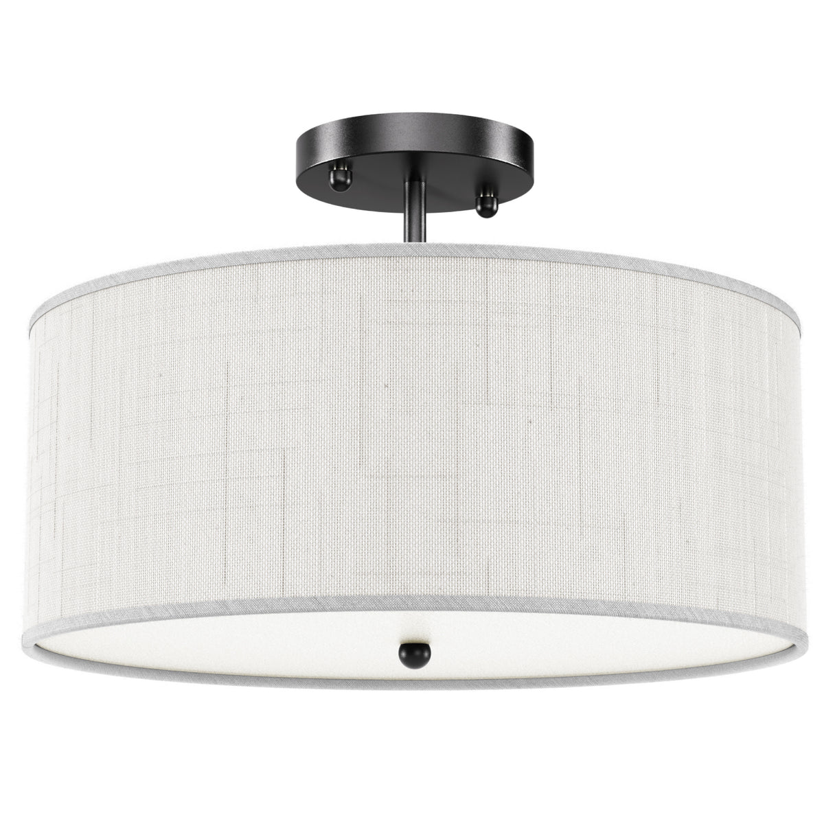 Close up of Linen drum flush mount with matte black base and white diffuser on white background