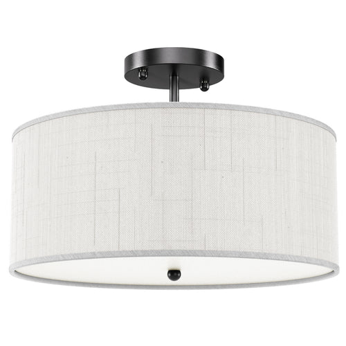 Close up of Linen drum flush mount with matte black base and white diffuser on white background