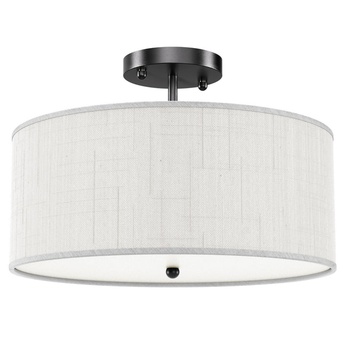 Close up of Linen drum flush mount with matte black base and white diffuser on white background