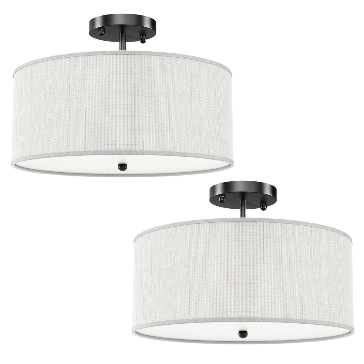 Two linen drum flush mounts shown on white background, each with matte black canopy and white diffuser