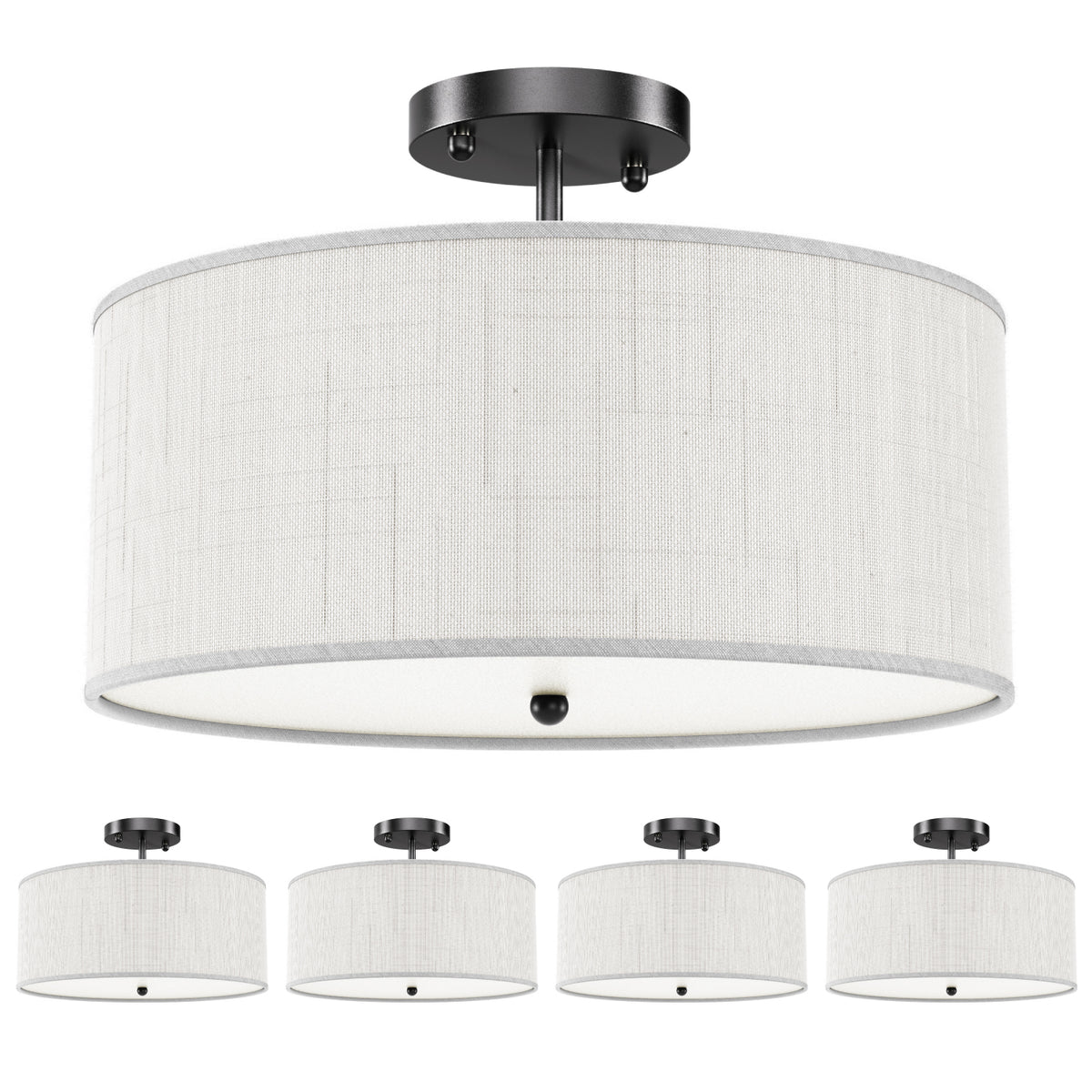 Multi-pack layout with four matching linen drum flush mounts, matte black metal base, and white diffusers