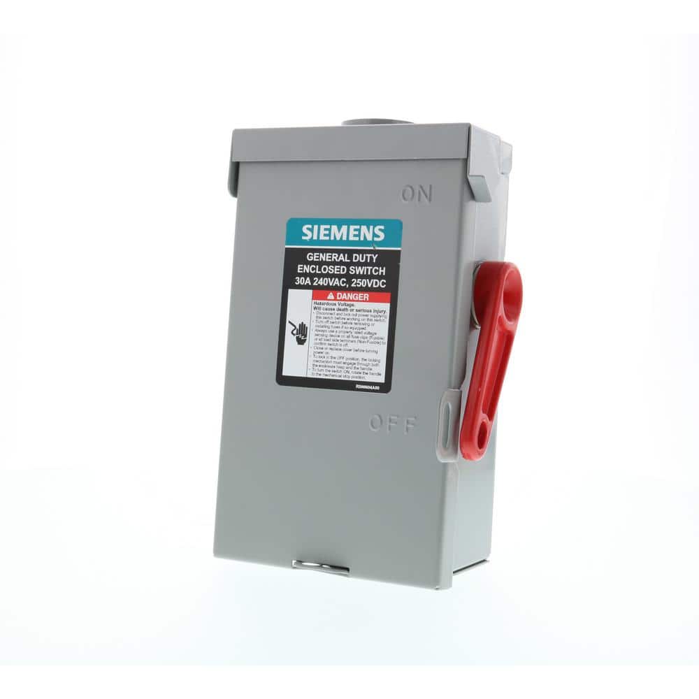 Siemens General Duty 30 Amp 2-Pole 3-Wire 240-Volt Fusible Outdoor Safety Switch, model GF221NRAU, product label detail, image 2