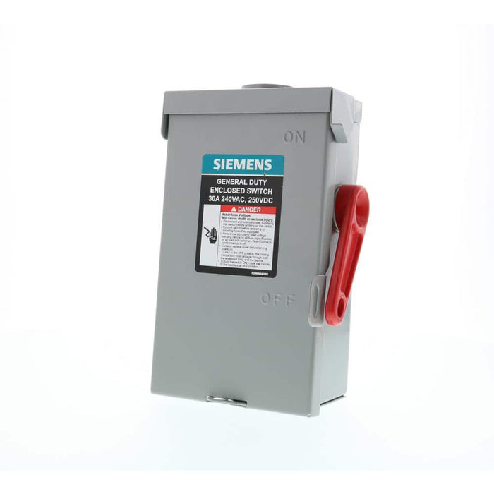 Siemens General Duty 30 Amp 2-Pole 3-Wire 240-Volt Fusible Outdoor Safety Switch, model GF221NRAU, product label detail, image 2
