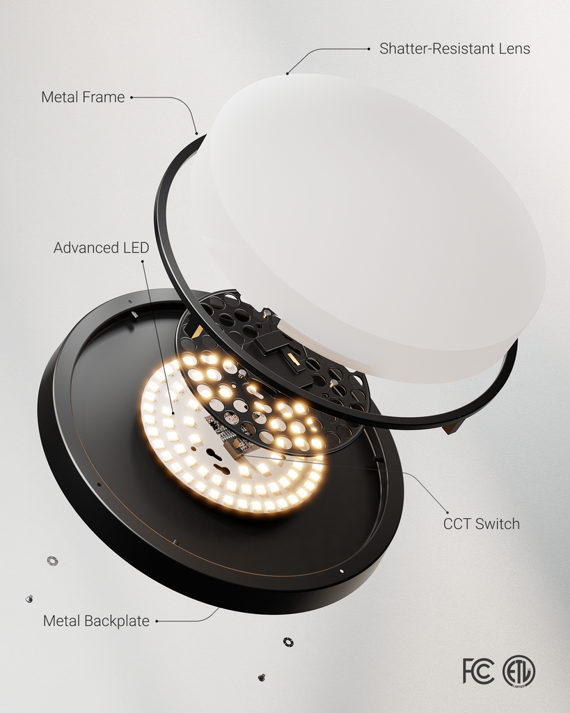 16 Inch Round LED Ceiling Light, Black, Selectable CCT, 1700 Lumens ...