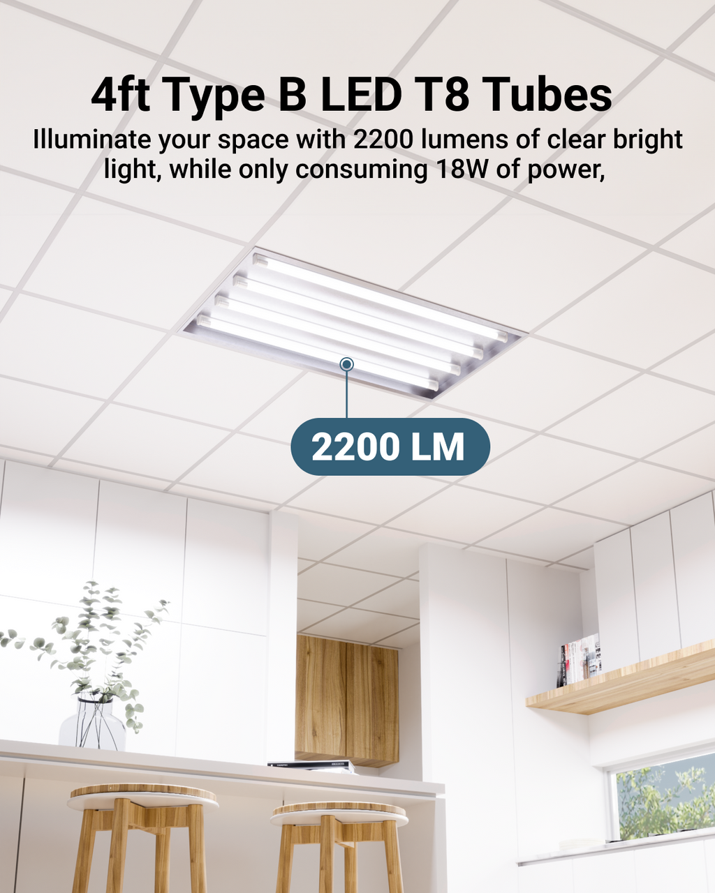 T8 LED Tube, 4ft, Clear, Bypass, Type B, 18W, Single/Double Ended, 2200 Lumens