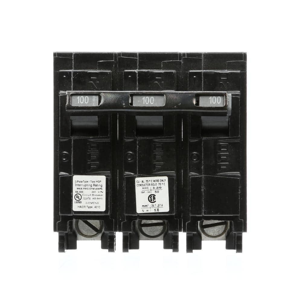 Siemens 100 Amp 3-Pole Type HQP 65kA Circuit Breaker, model Q3100HH, product label detail, image 2