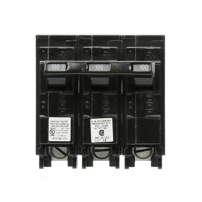 Siemens 100 Amp 3-Pole Type HQP 65kA Circuit Breaker, model Q3100HH, product label detail, image 2