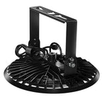 Rear view of 150W UFO high bay fixture showing heat sink, U-bracket, mounting hardware, and plug-in cord