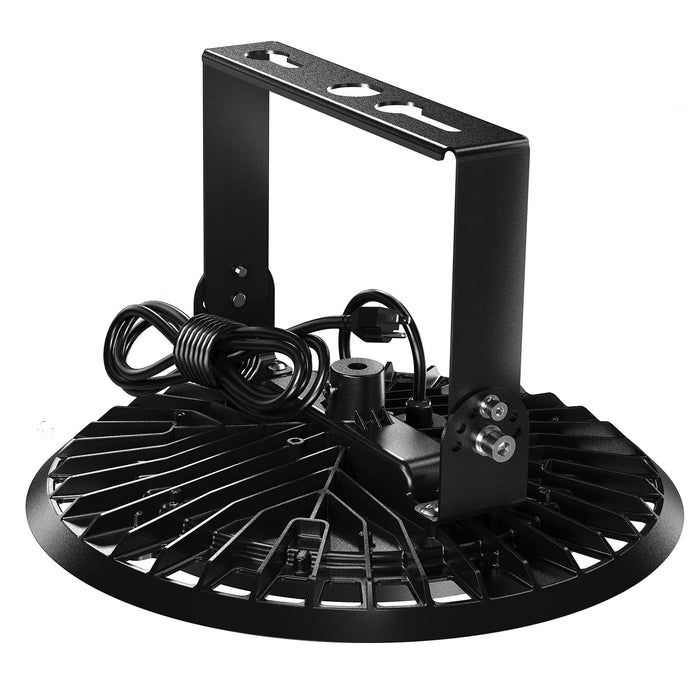 Rear view of 150W UFO high bay fixture showing heat sink, U-bracket, mounting hardware, and plug-in cord