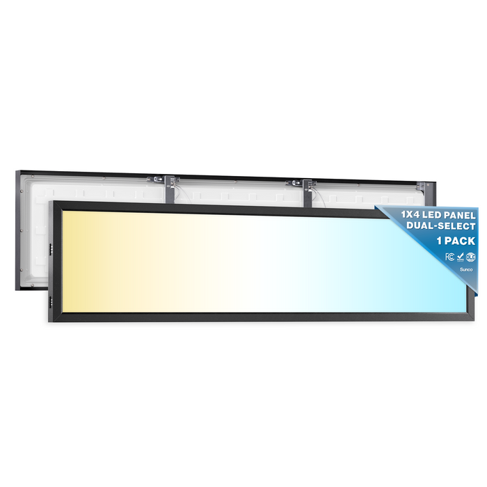 Black 1x4 LED ceiling panel with rear view; dual-select 1-pack callout and certification icons.