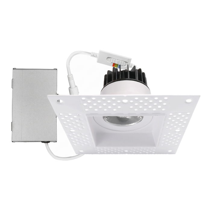 White square trimless recessed downlight with plaster-in flange and junction box