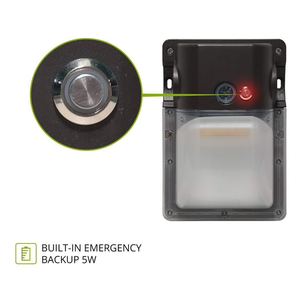Battery backup test switch on the LED security wall pack with 5W emergency backup