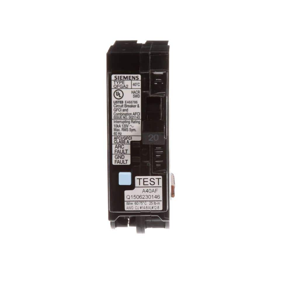 Siemens 20 Amp Single-Pole Dual Function Circuit Breakers (10-Pack, model BUNQDF10, product label detail, image 2