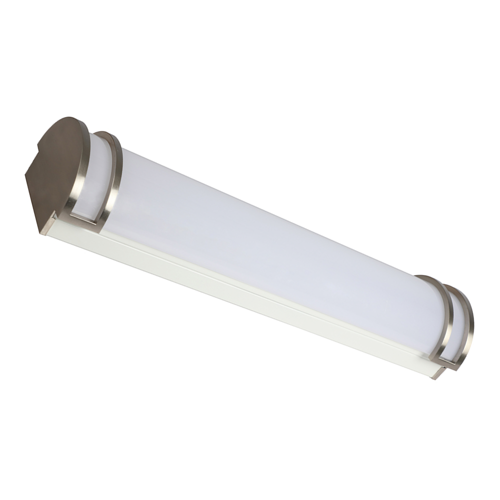 Brushed-nickel short tube vanity light isolated unlit perspective