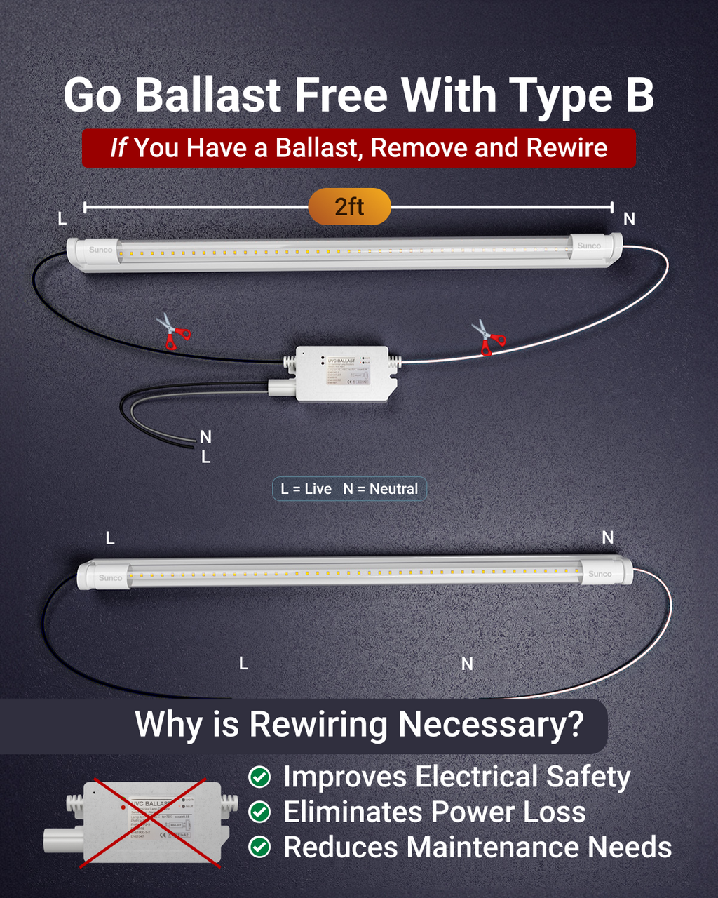 T8 LED Tube, 2ft, Clear Glass, Bypass, Type B, 10W, Single/Double Ended, 1200 Lumens