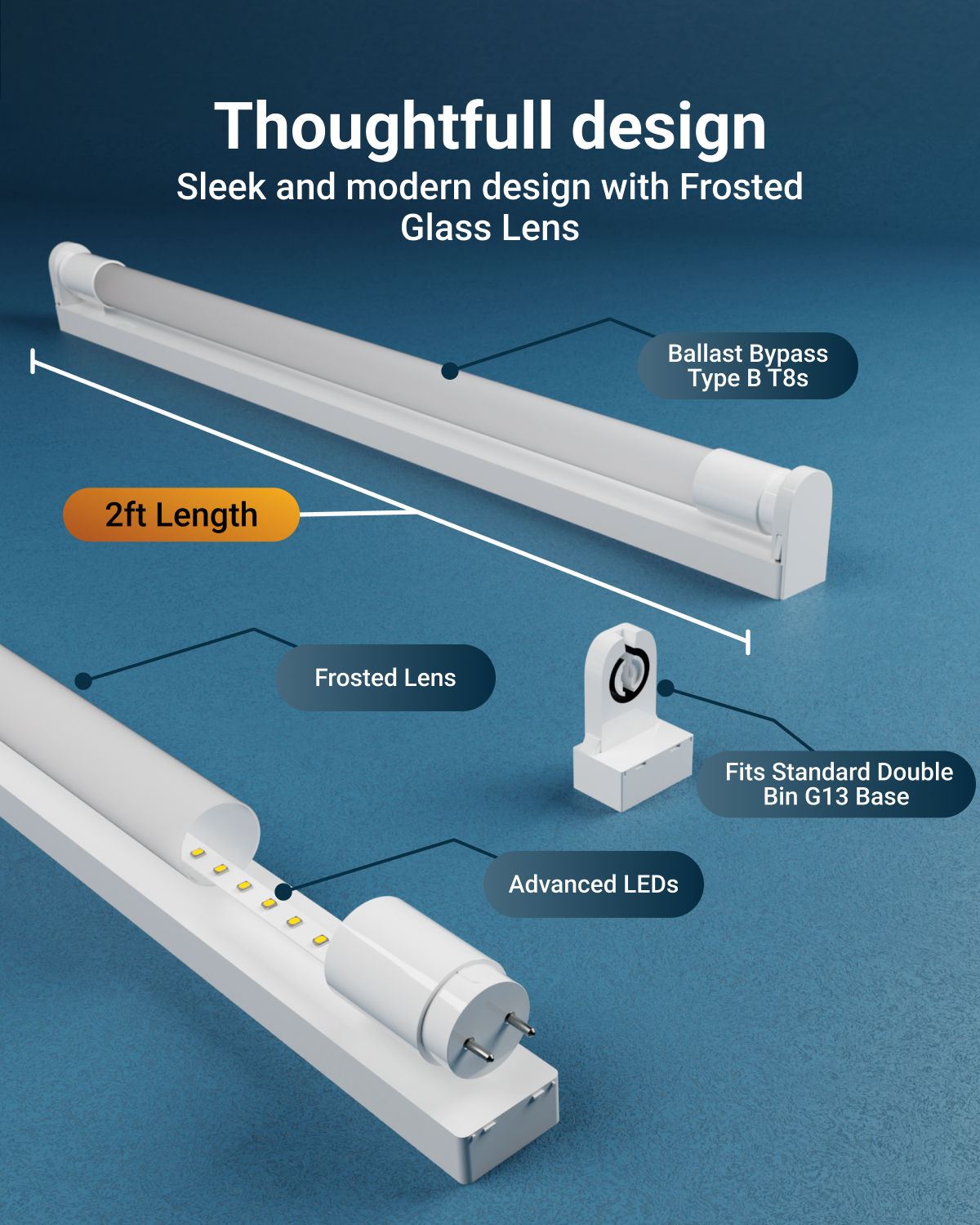 T8 LED Tube, 2ft, Frosted Glass, Bypass, Type B, 10W, Single/Double Ended, 1200 Lumens