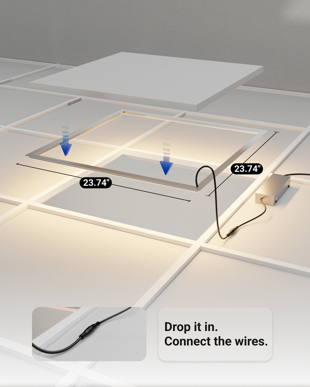 2x2 Grid frame panel light is 23.74 inches wide and 23.74 inches long. 