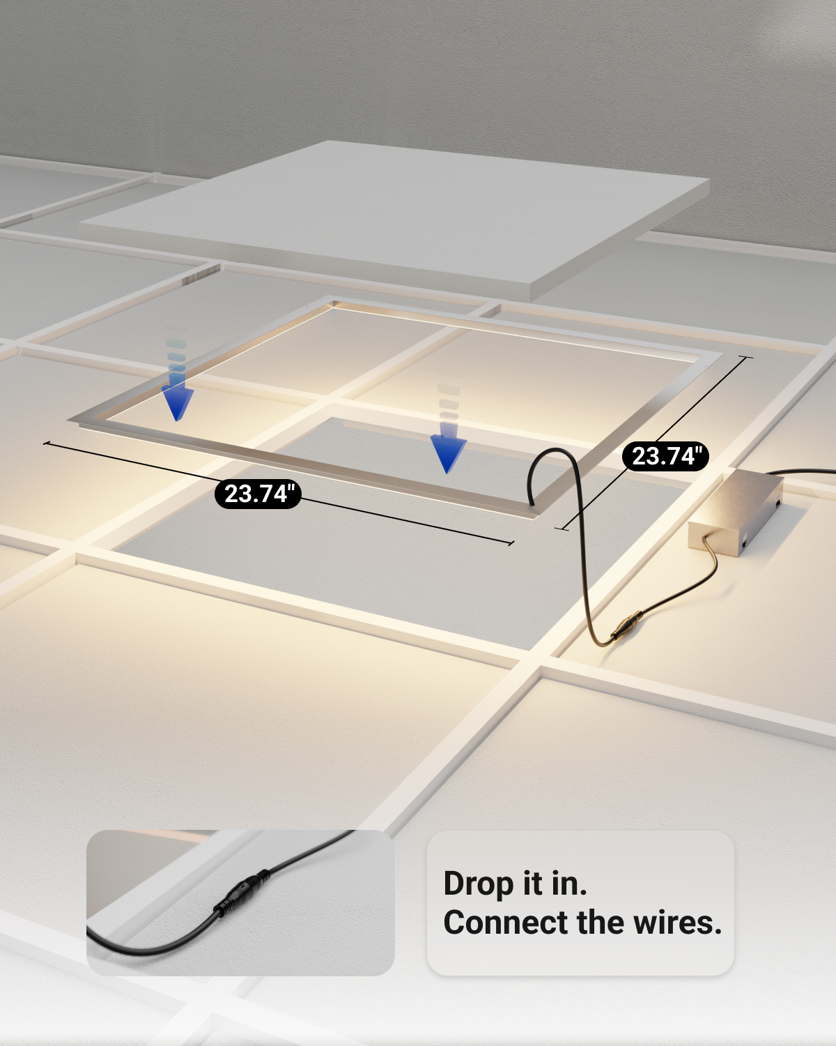 2x2 Grid frame panel light is 23.74 inches wide and 23.74 inches long. 