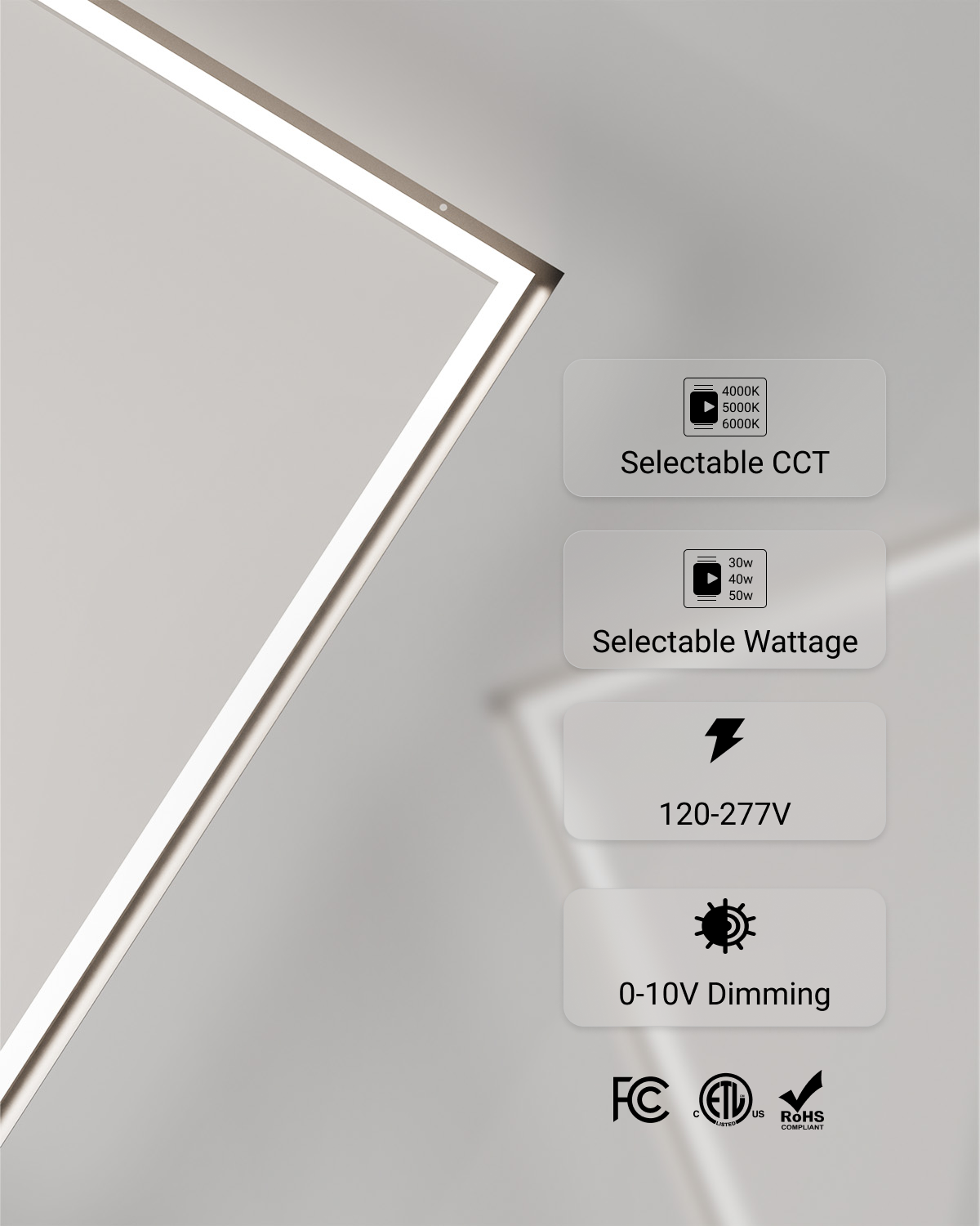 Sunco 2x4 Ceiling panel has selectable CCT and selectable wattage.