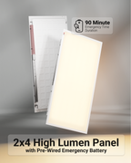 High lumen 2x4 LED panel with pre wired emergency battery and 90 minute backup callout.