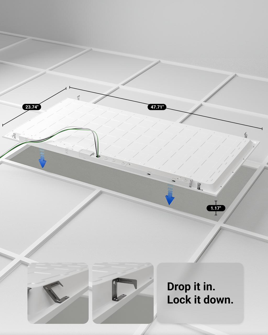 2x4 LED panel dropping into a ceiling grid with 23.74 by 47.71 inch sizing and lock down brackets.