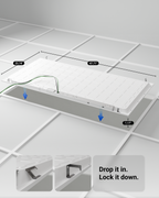 2x4 LED panel dropping into a ceiling grid with 23.74 by 47.71 inch sizing and lock down brackets.