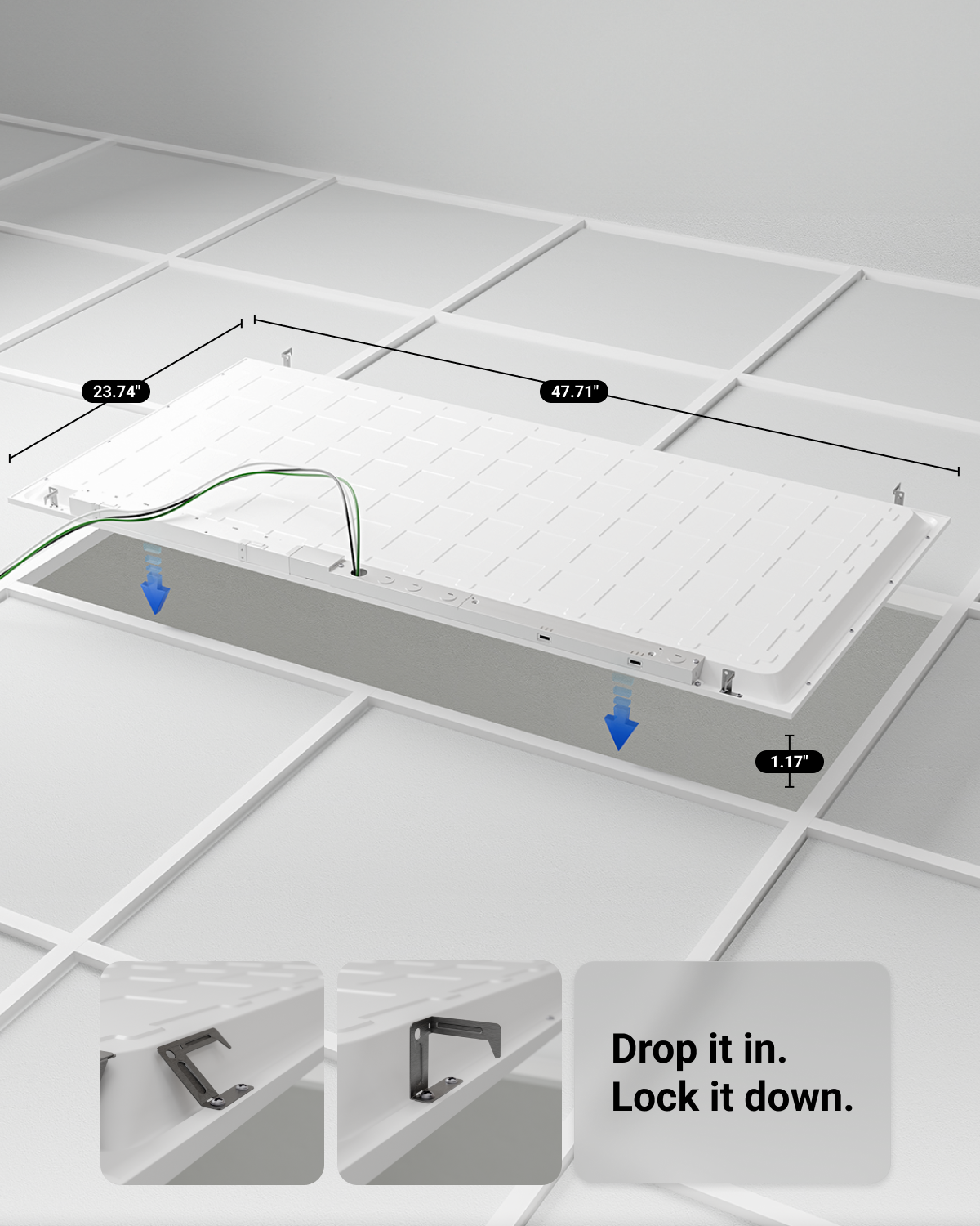 2x4 LED panel dropping into a ceiling grid with 23.74 by 47.71 inch sizing and lock down brackets.