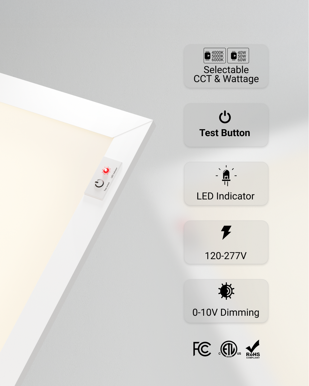 Close up of 2x4 LED panel controls with selectable CCT, wattage, test button, LED indicator, and 0 to 10V dimming.