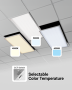 Drop ceiling panels showing selectable 4000K, 5000K, and 6000K color temperatures with CCT switch detail.