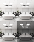 Conference room panels shown at 60W, 50W, 40W, and 8W emergency mode with 90 minute backup.
