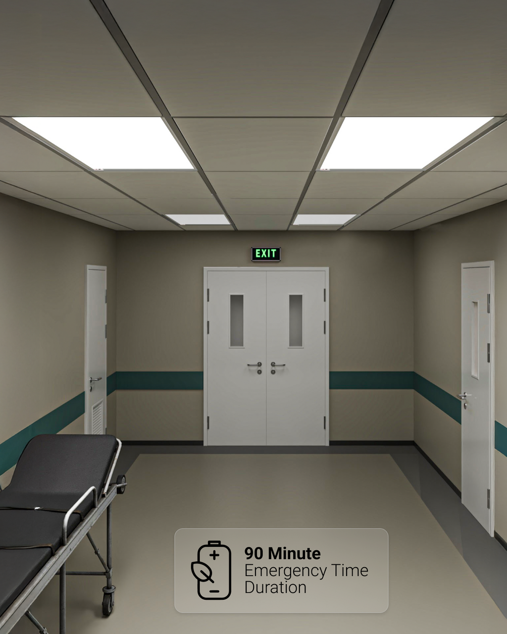 Medical hallway with high output 2x4 LED panels and 90 minute emergency battery backup.
