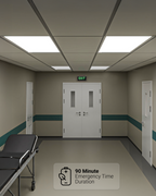 Medical hallway with high output 2x4 LED panels and 90 minute emergency battery backup.