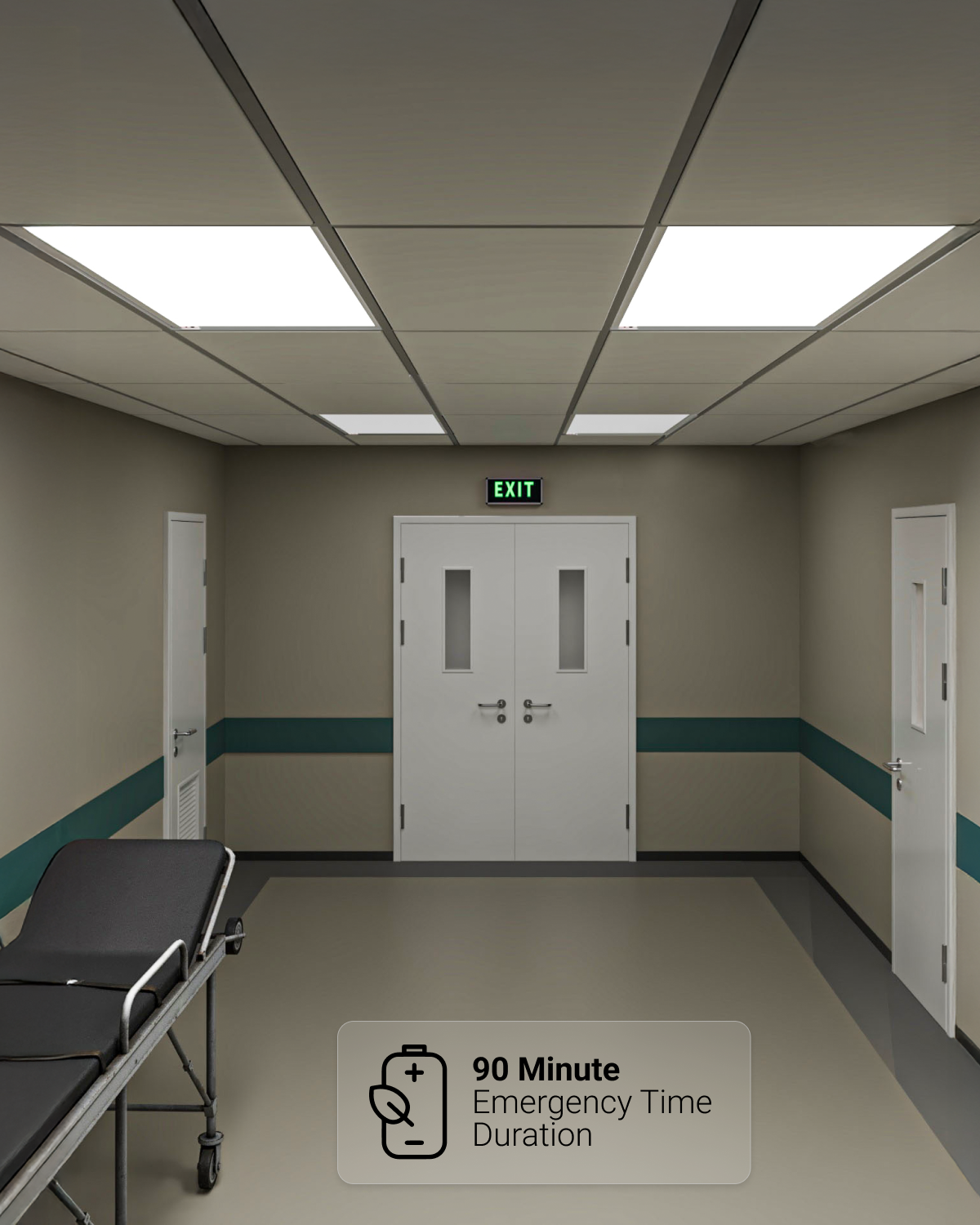 Medical hallway with high output 2x4 LED panels and 90 minute emergency battery backup.