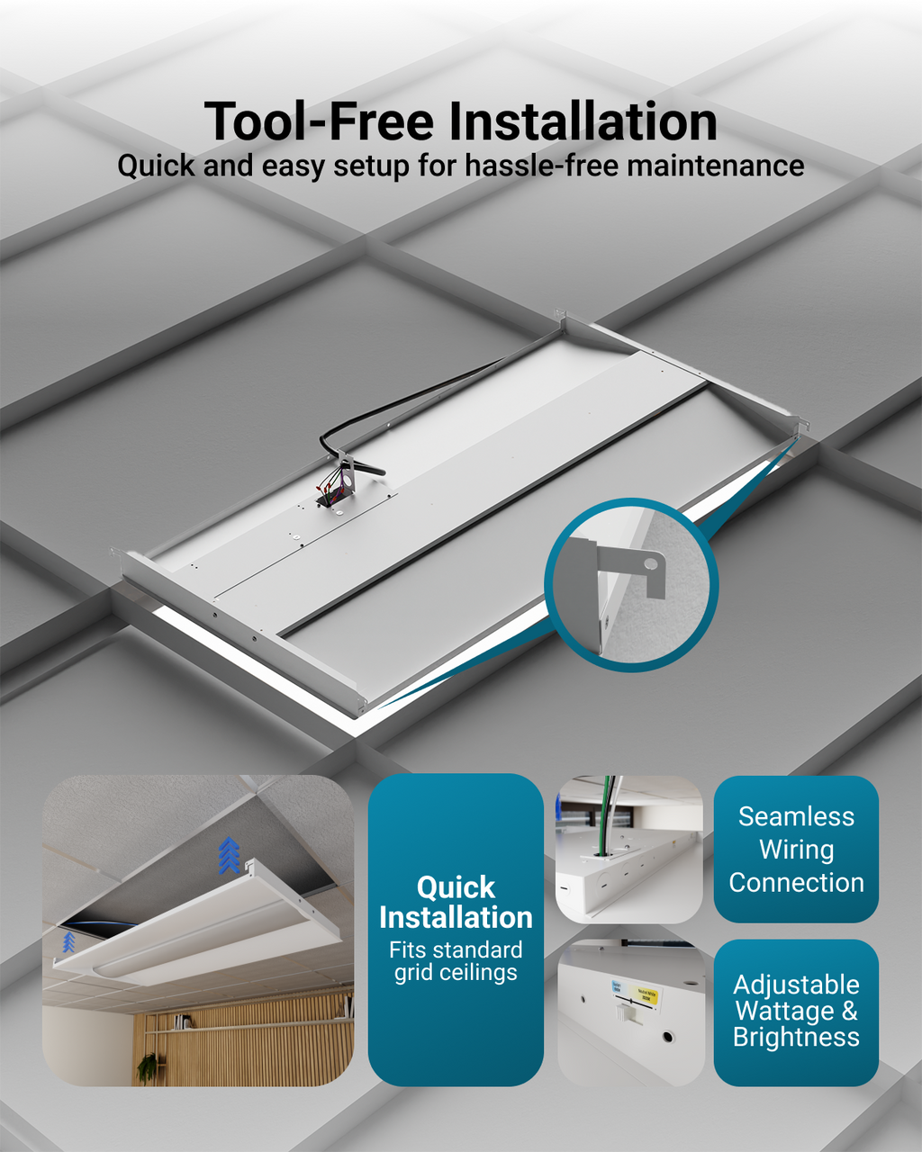 The troffer features a selectable color temperature (CCT) of 3500K, 4000K, or 5000K, allowing you to choose the desired level of warmth or coolness of the light emitted.