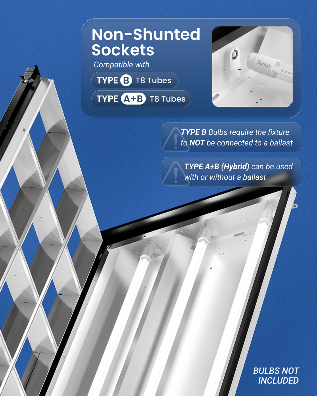 Non-shunted sockets compatible with Type B and Type A+B T8 tubes, with ballast-use warning callouts