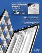 Non-shunted sockets compatible with Type B and Type A+B T8 tubes, with ballast-use warning callouts
