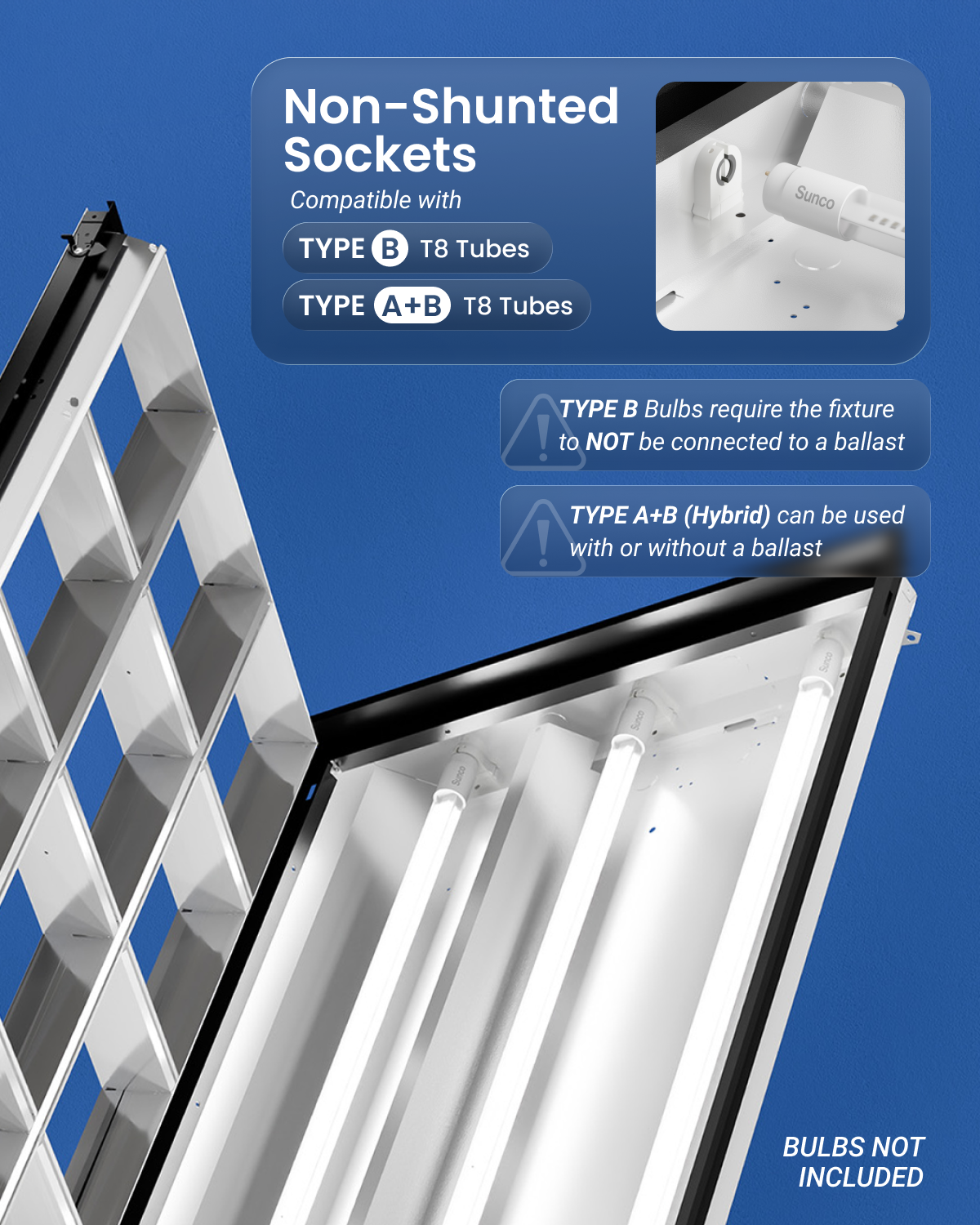 Non-shunted sockets compatible with Type B and Type A+B T8 tubes, with ballast-use warning callouts