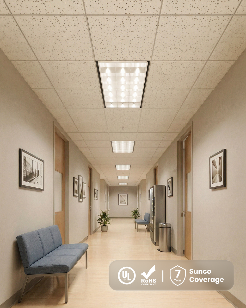 Sunco Lighting Parabolic Troffer Certifications and coverage. Hallway lit by 2x4 troffers with UL, RoHS, and 7-year Sunco coverage icons