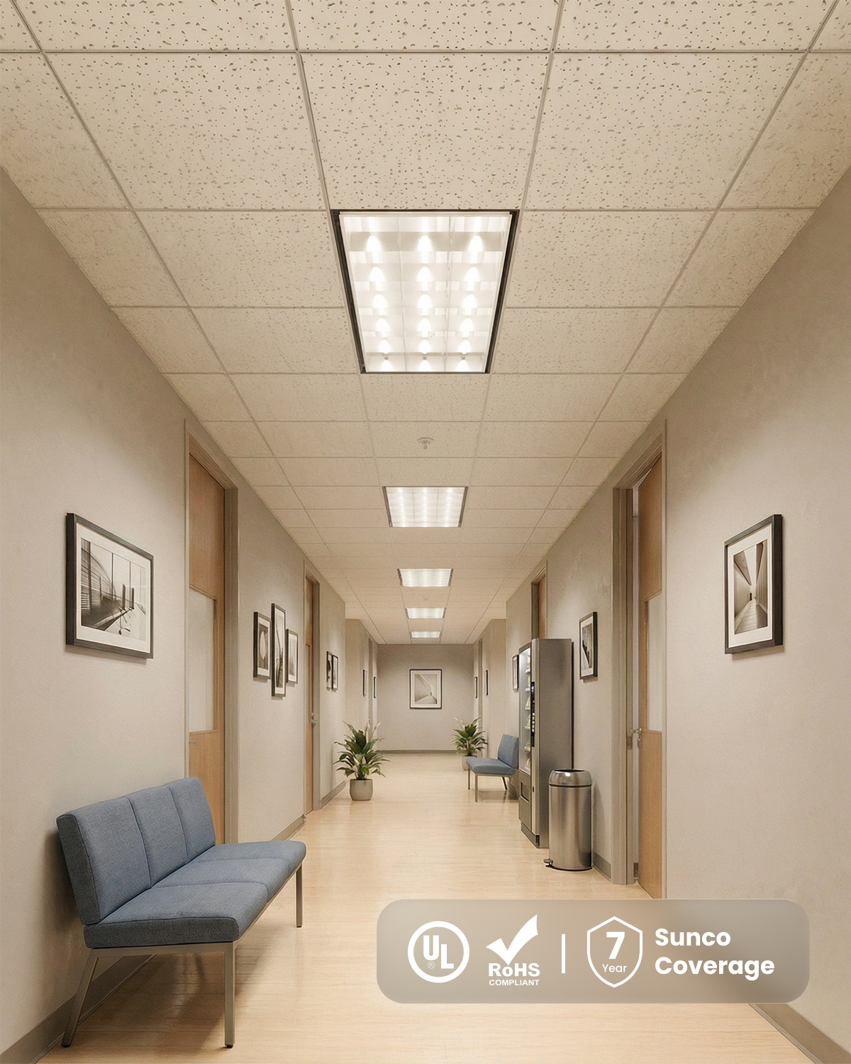 Sunco Lighting Parabolic Troffer Certifications and coverage. Hallway lit by 2x4 troffers with UL, RoHS, and 7-year Sunco coverage icons