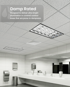 Damp-rated lighting. Drop-ceiling troffer in a restroom scene with “Damp Rated” message for covered, moisture-prone areas