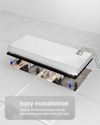 Easy installation. Troffer set into a ceiling grid opening with wires connected, arrows showing it resting securely on grid rails