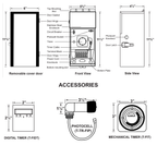 Technical dimension diagram of a digital timer thermostat with front, side, and accessory views, including measurements and labels for the removable cover door, photocell, digital timer, and mechanical timer.
