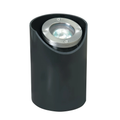 A modern cylindrical outdoor landscape light with a matte black body and a brushed silver metal top housing a clear lensed light bulb in-ground well light