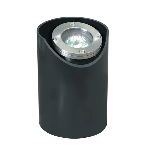 A modern cylindrical outdoor landscape light with a matte black body and a brushed silver metal top housing a clear lensed light bulb in-ground well light