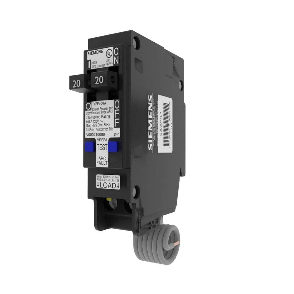 Siemens Type QTA Tandem AFCI Circuit Breaker, model Q2020AFCP, product label detail