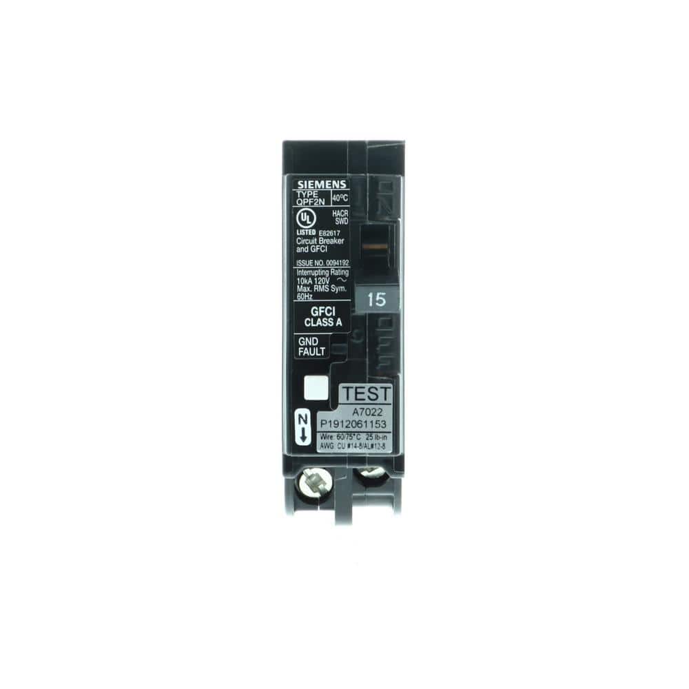 Siemens QPF2 1-Pole GFCI Plug-On Neutral Circuit Breaker, model QF115ANP, product label detail